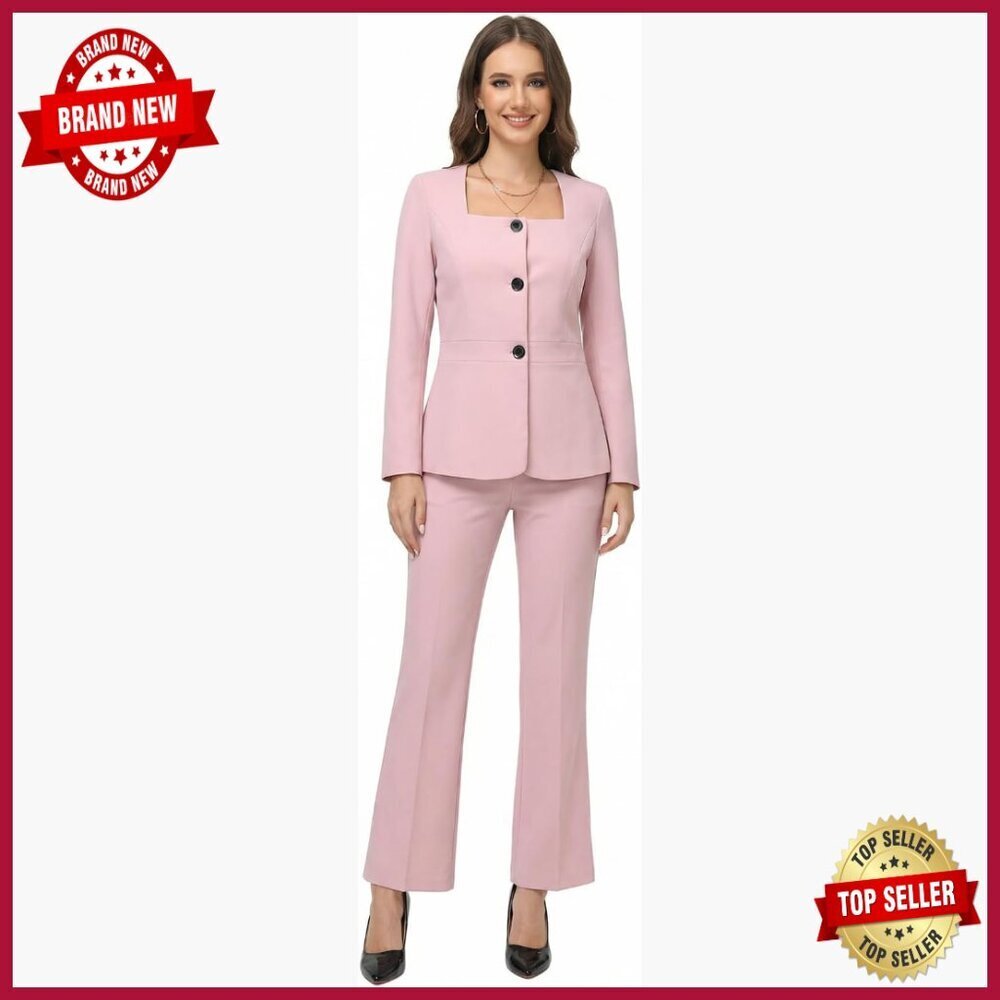 Women's Business Casual Blazer Set with Flared Trousers, Polyester Blend